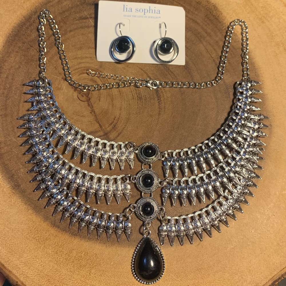Lia Sophia Silver and Black Statement Necklace and Earrings Set